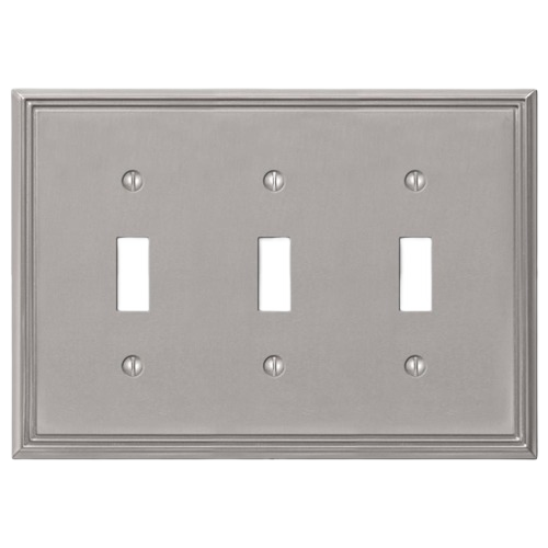 Brush nickel three-toggle wallplate with subtle edging for electrical and home improvement projects under $50