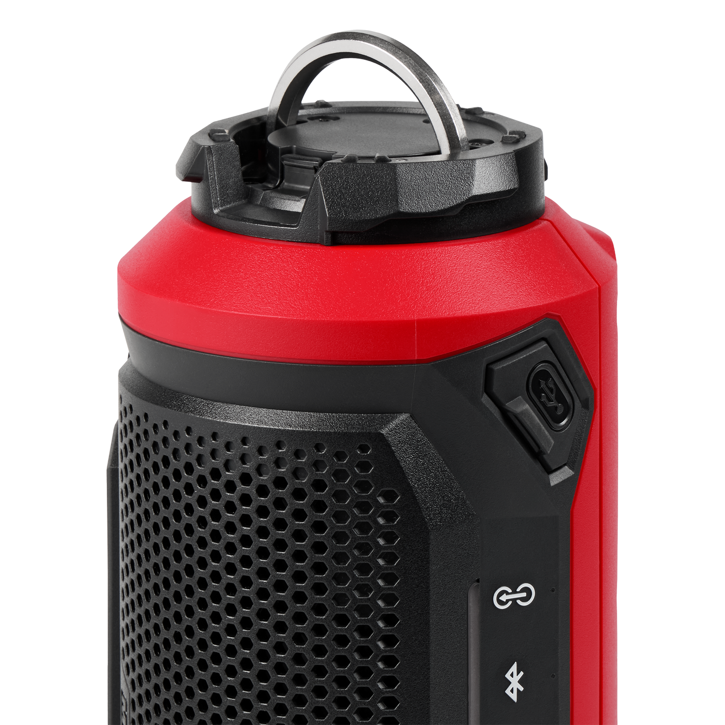 Red and black Milwaukee M12 Bluetooth jobsite speaker with handle and PACKOUT compatibility for tools and home improvement use
