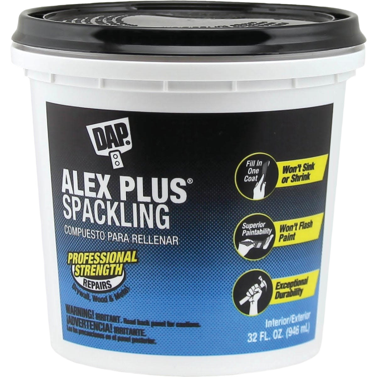 Container of professional strength latex spackling for home improvement and patching under fifty dollars