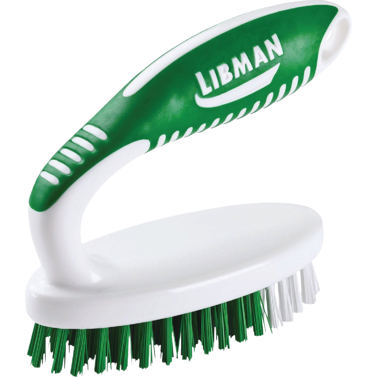 Green and white scrub brush with rubber grip handle and polymer bristles for cleaning tools under $50 collection