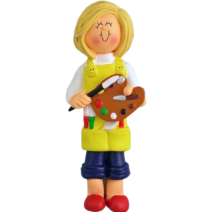 Blonde female artist figurine holding paintbrush and palette for Christmas Ornaments & Tree Decorations collection