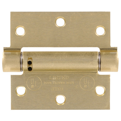 Adjustable spring hinge with satin brass finish and square corners for doors, featured in Hardware under $50 collections