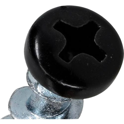 Close-up of a black Phillips pan-head screw with a silver threaded shaft in hardware fasteners and tools collection