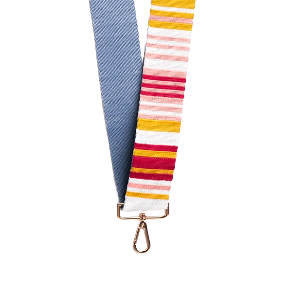 Embroidered interchangeable bag strap with colorful stripes and solid blue backside, part of accessories under $50 collection
