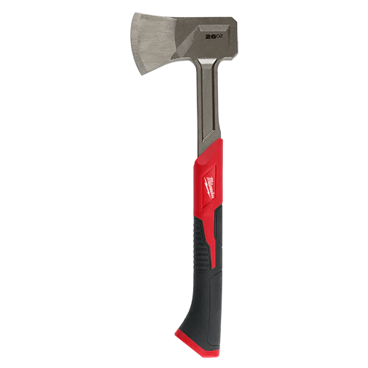 Steel splitting axe with red and black ergonomic handle designed for home improvement and outdoor tool use