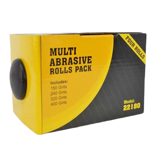 Pack of four multi grit abrasive rolls in yellow and black packaging for sanding and grinding tool accessories