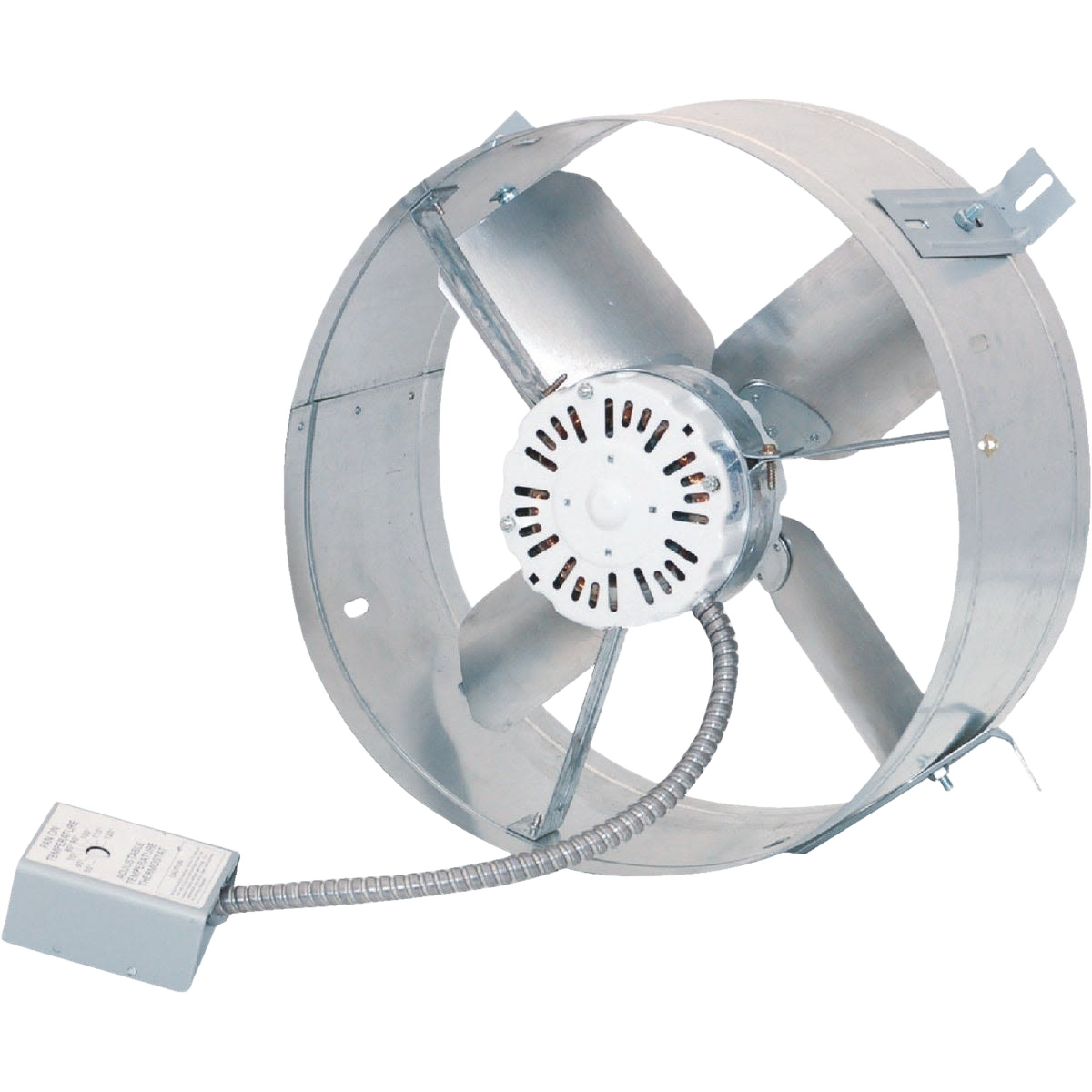 Galvanized metal gable attic vent fan with three blades and electric control box for home ventilation improvement