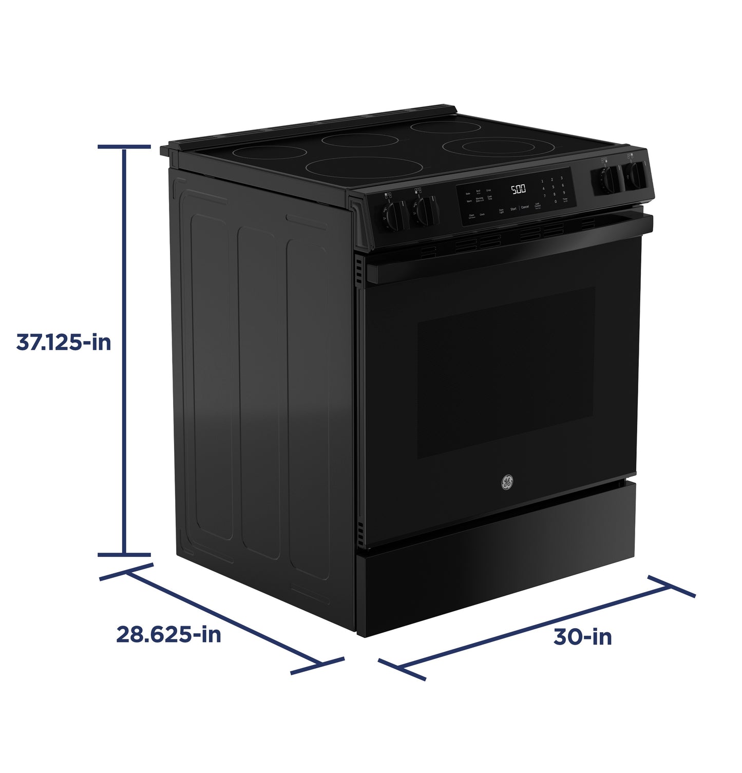 Black slide-in electric range with digital control panel and four smooth cooktop burners in kitchen appliance setting