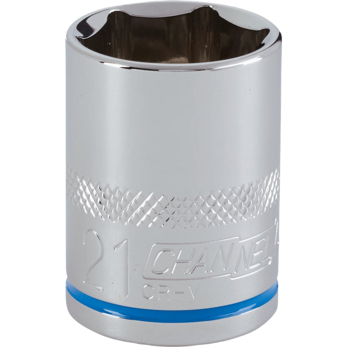 Chrome-finished shallow metric socket with 6-point design and knurled grip for tools and home improvement use