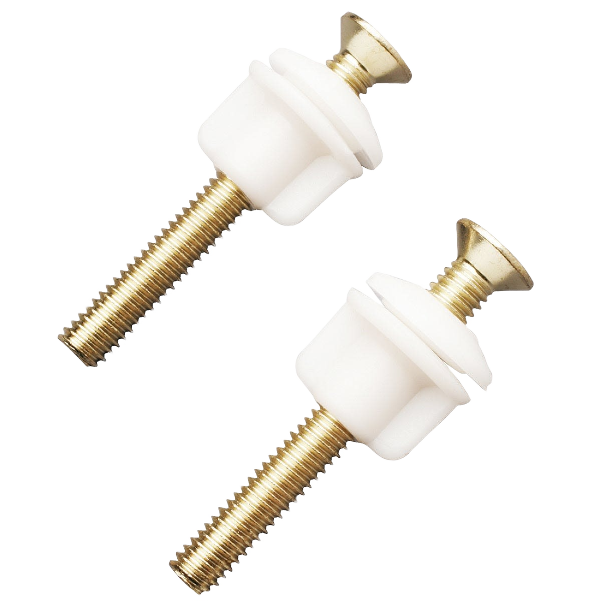Polished brass toilet seat bolts with white plastic washers for bathroom plumbing repair and toilet seat installation under $50