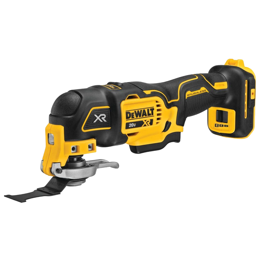 Cordless oscillating multi-tool in black and yellow with brushless motor, designed for precision cutting and versatile woodworking tasks.