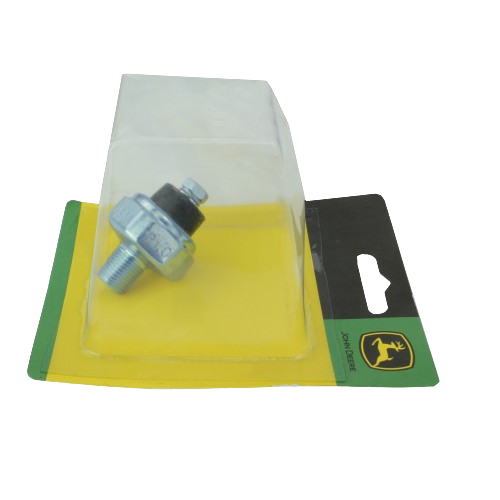 Metal oil pressure switch sensor with threaded connector in clear plastic packaging on yellow and green backing card