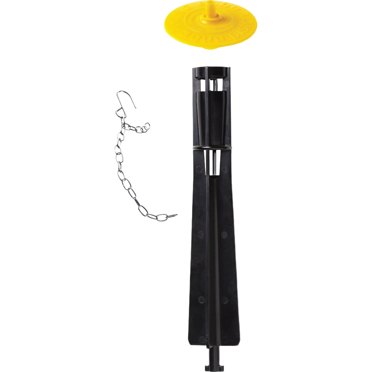 Black plastic canister valve with attached metal chain and yellow stopper for plumbing repair and home improvement tasks