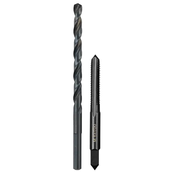 Set of black straight flute plug tap and drill bit for precise threading in tool and power tool accessories collections