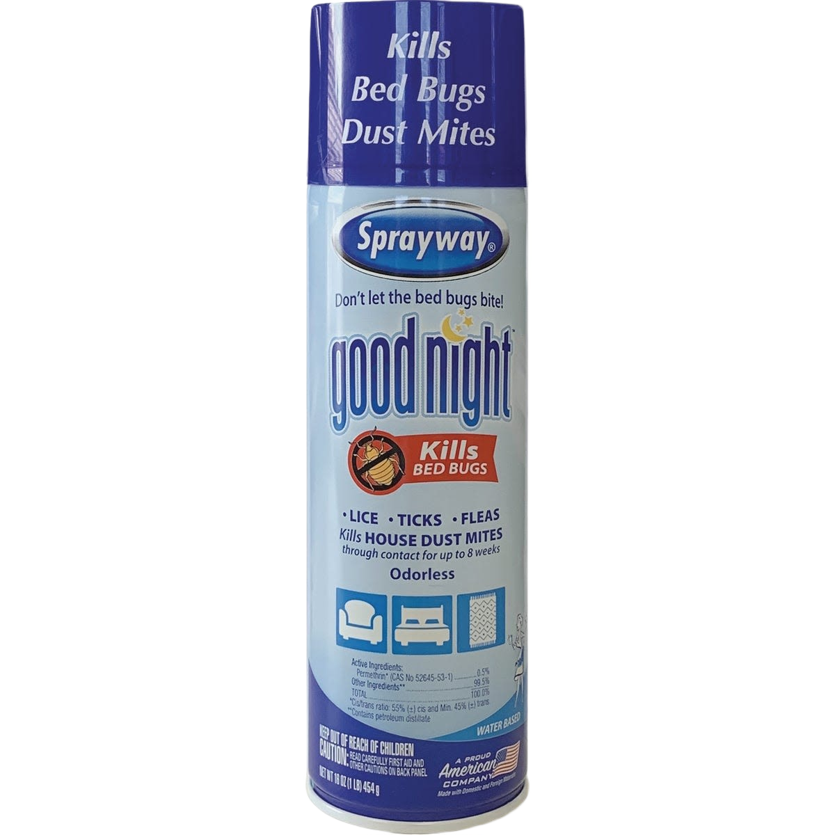 Blue and white aerosol spray can of bed bug and dust mite killer for home pest control and improvement use