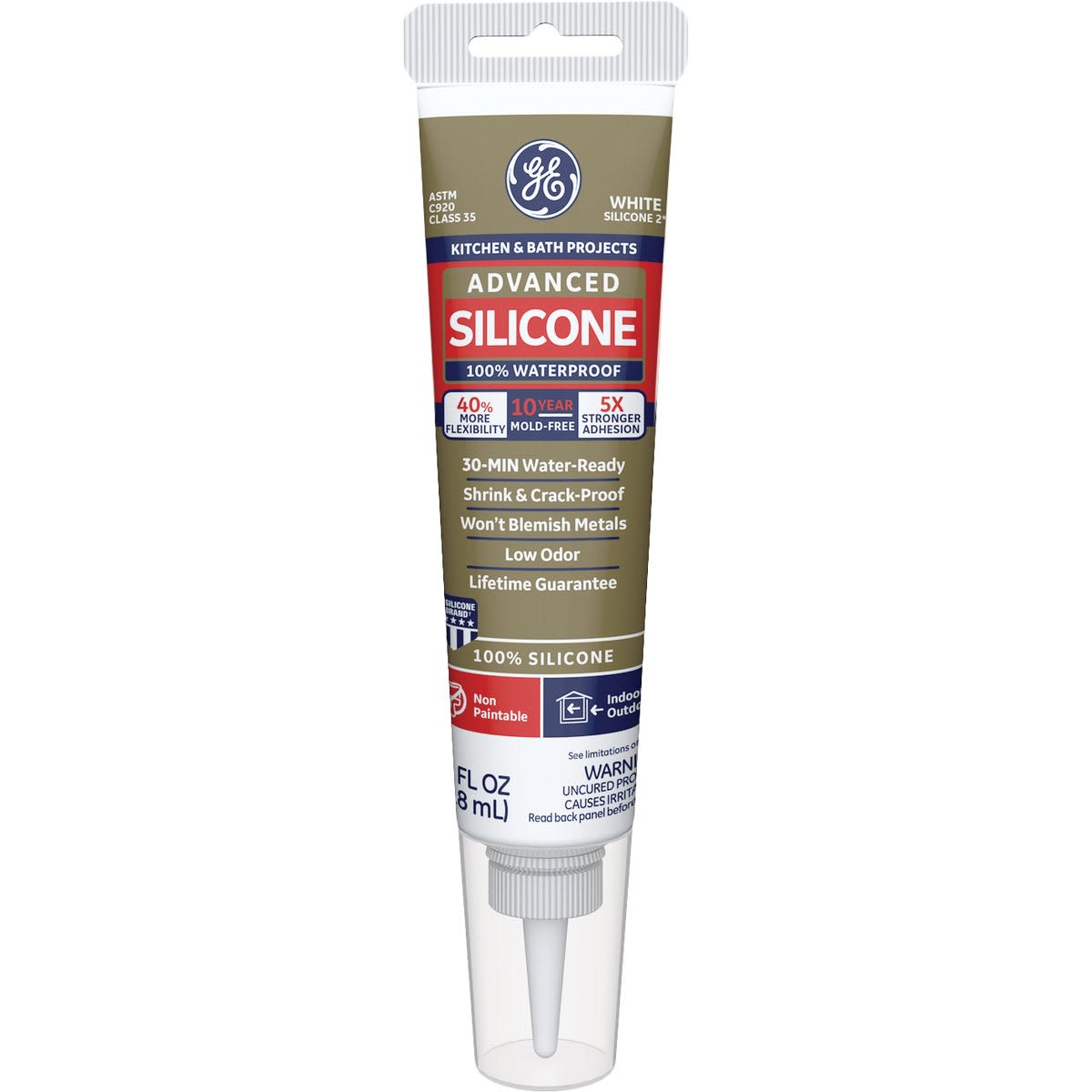 Tube of GE brand advanced white silicone sealant for kitchen and bath, waterproof and mold-resistant home repair product