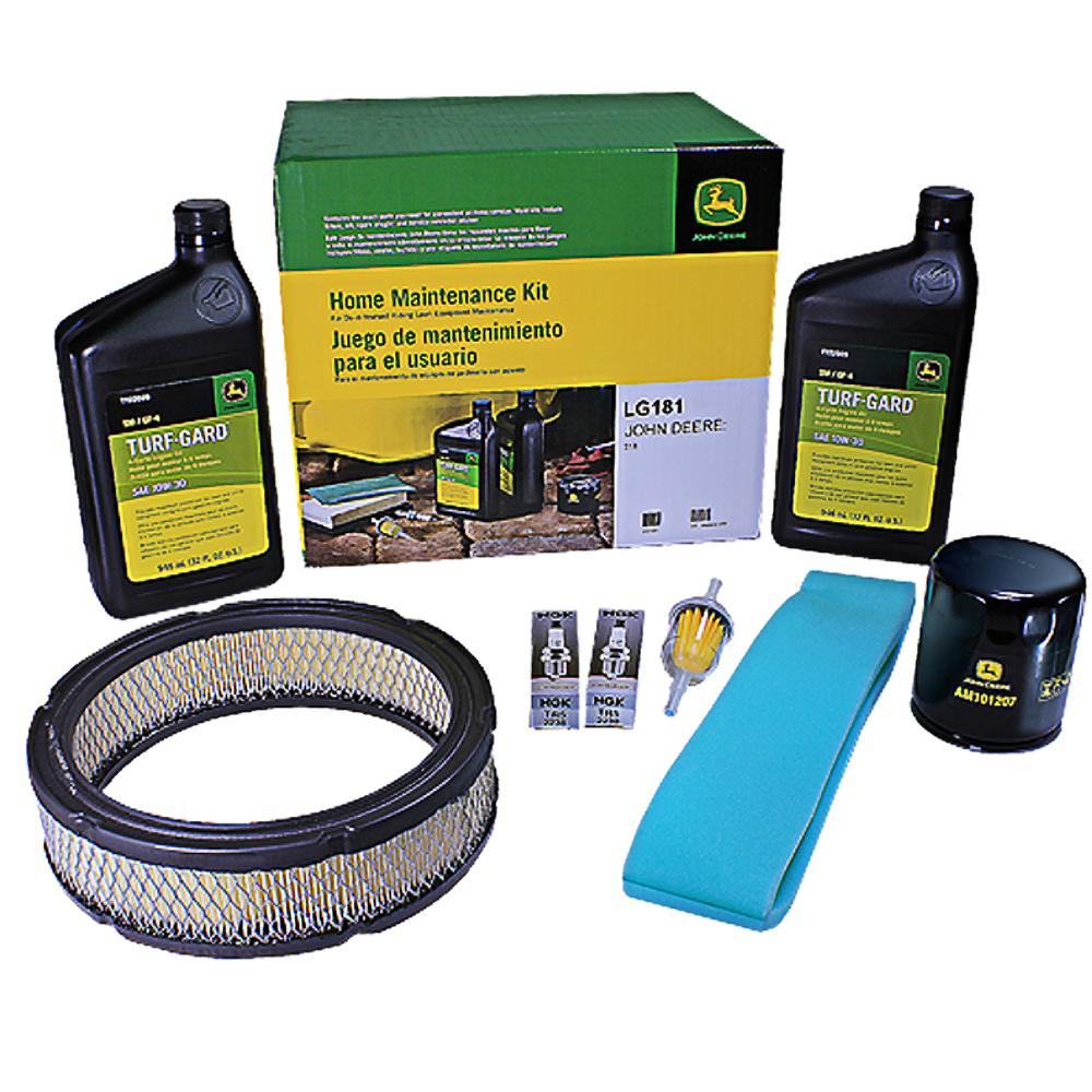 John Deere home maintenance kit including oil, air filter, spark plugs, fuel filter, and cleaning cloth for tools upkeep