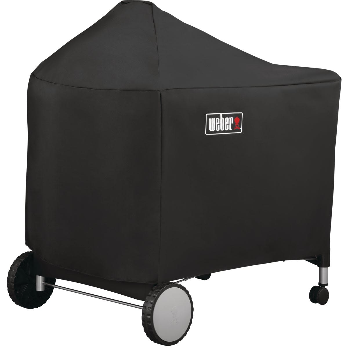 Black polyester grill cover with Weber logo designed to protect outdoor grills from weather and dirt.