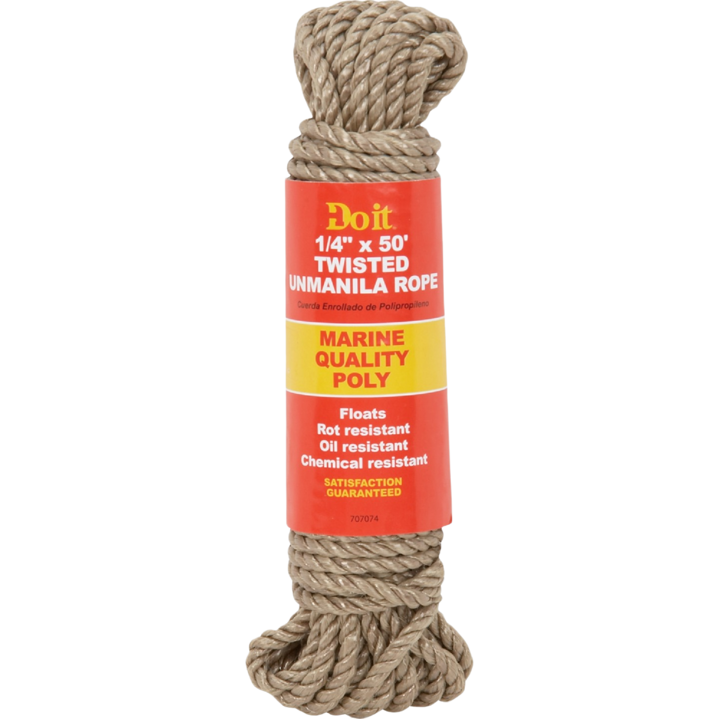 Coiled natural-colored twisted polypropylene rope measuring 1/4 inch by 50 feet for home improvement use