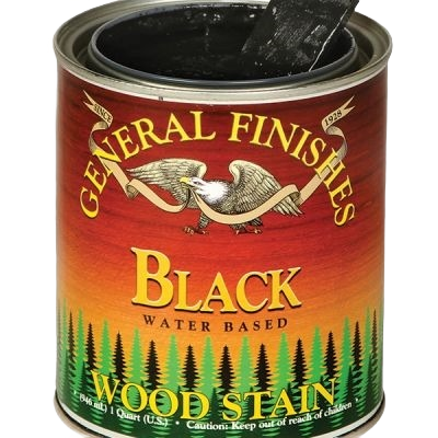 Open can of black water based wood stain with a visible brush inside for woodworking and home improvement projects