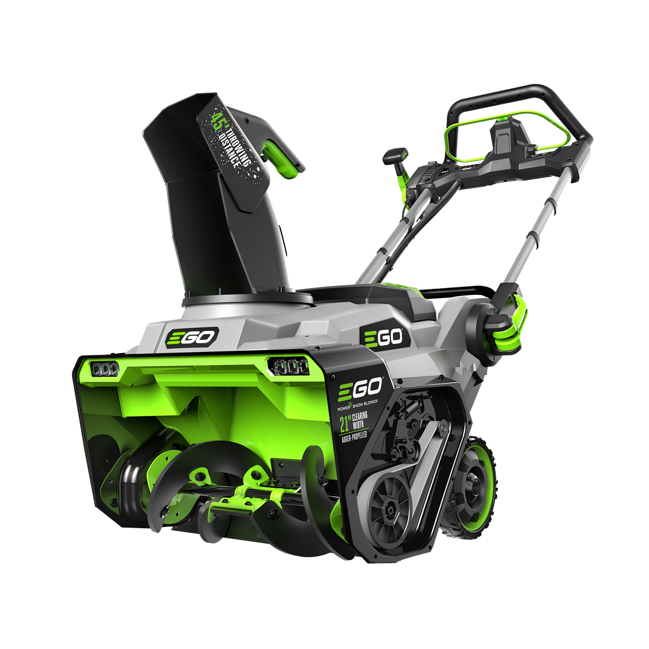 Green and black auger-propelled snow blower with ergonomic handle in tool and power tool accessories collections