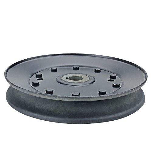 Black metal drive pulley with central bearing and mounting holes for tools and home improvement projects