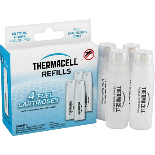 Four white Thermacell fuel cartridge refills packaged for extended mosquito repellent use in home improvement tools
