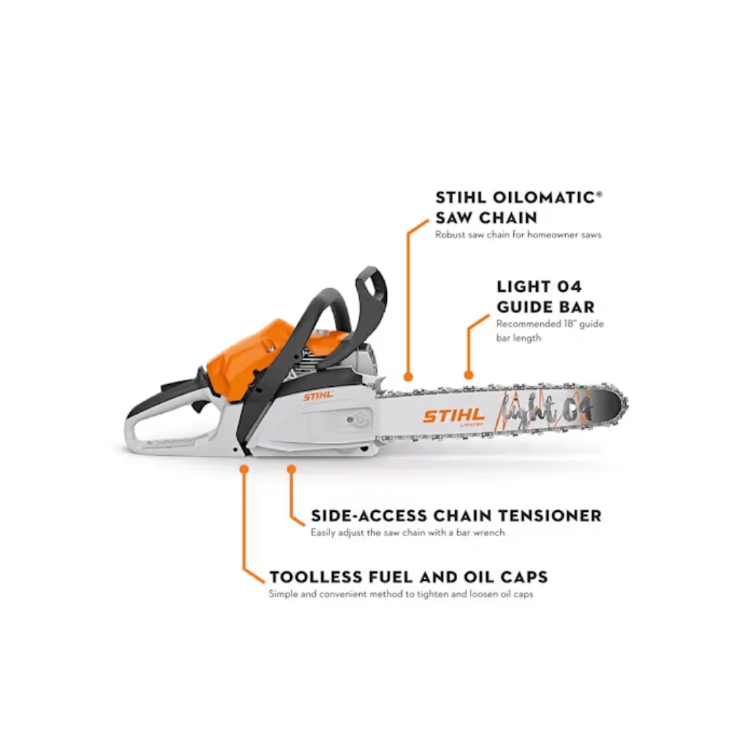 Side view of orange and white gas-powered chainsaw with guide bar and labeled features for home improvement tasks