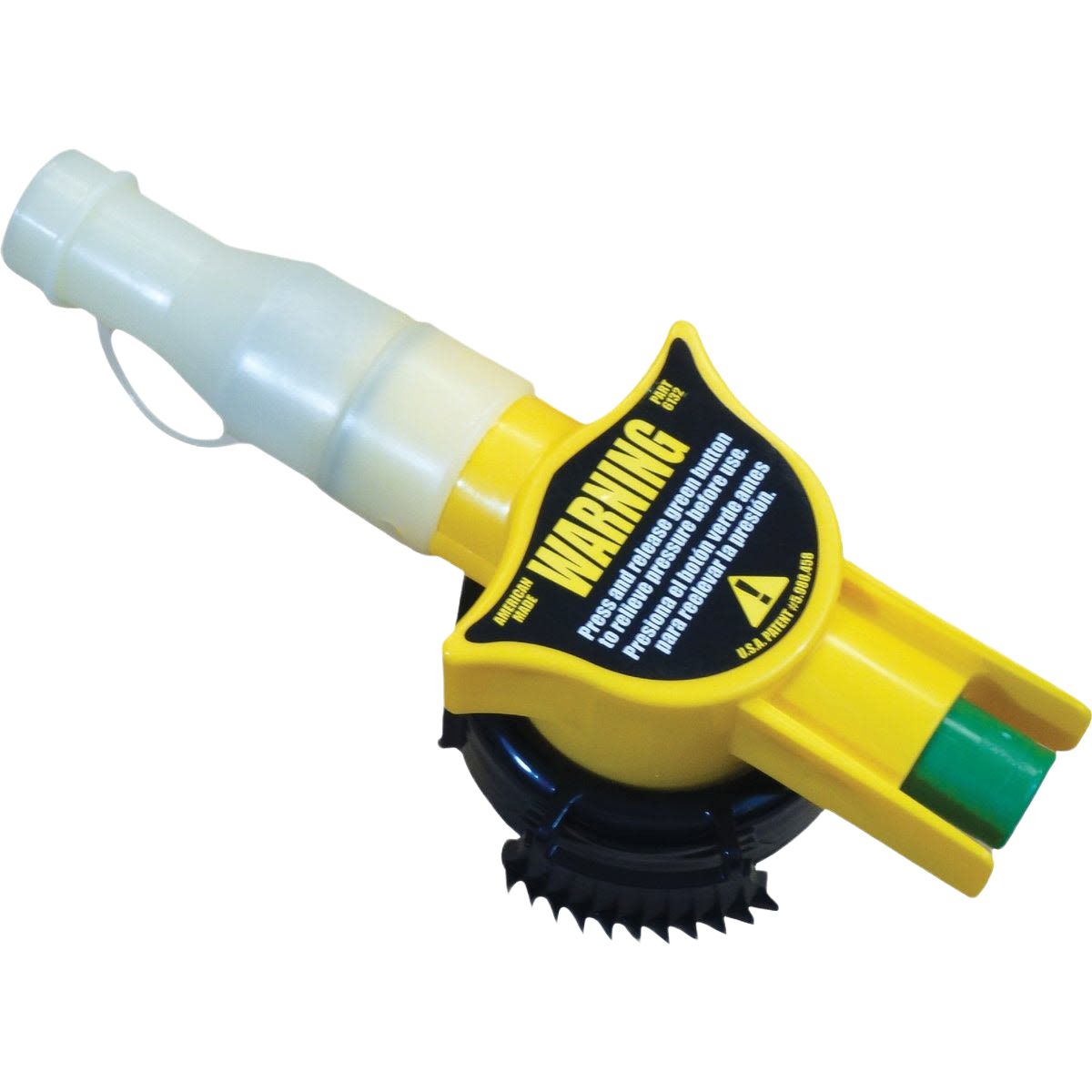 Yellow and white fuel can spout replacement nozzle assembly with warning label for safe fuel transfer tool use