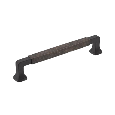Oil-rubbed bronze cabinet pull with a rectangular wood inset designed for home improvement projects
