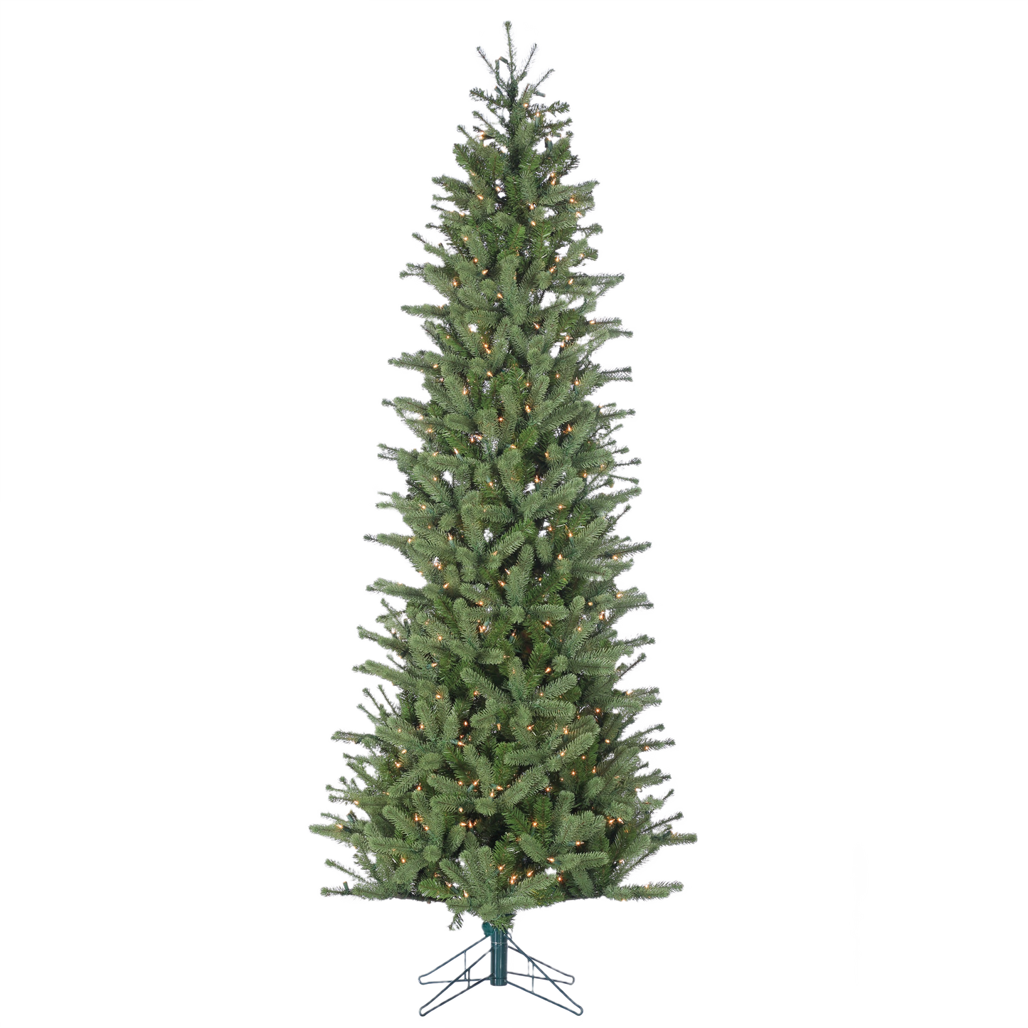 Slim artificial pine tree with dense green branches and integrated warm white lights for home decoration