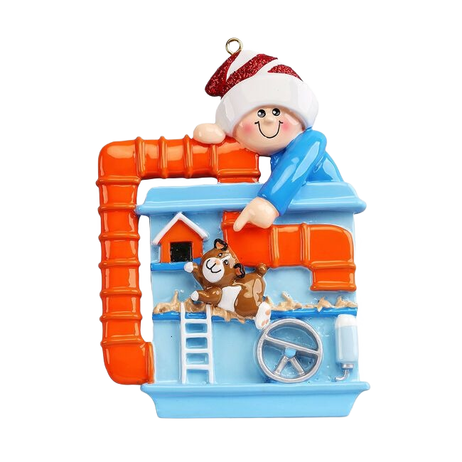 Smiling figure in holiday hat pointing at playful hamster inside colorful cage for Christmas decorations under $50 collection