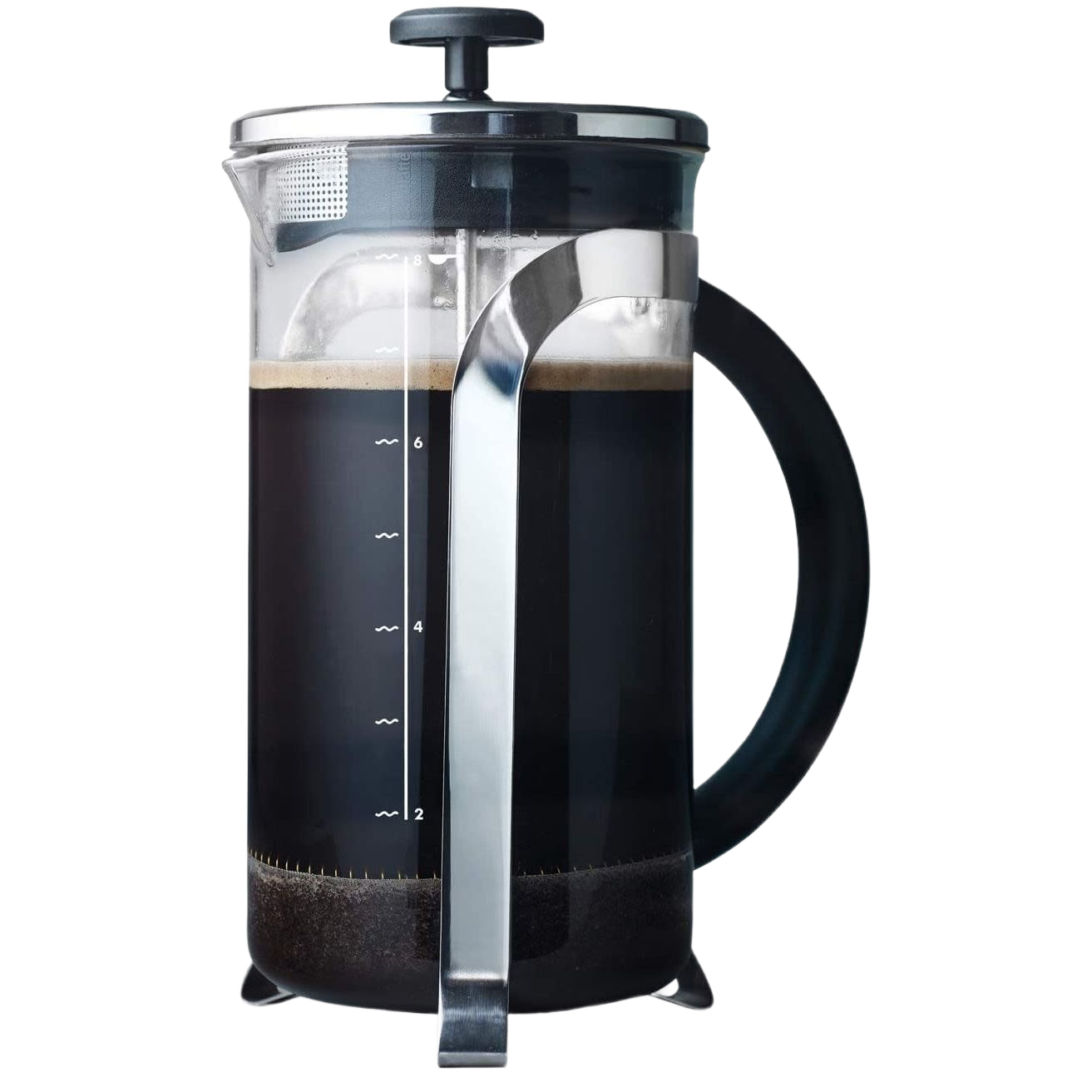 Clear glass and stainless steel French press coffee maker with black handle, part of small kitchen appliances collection under $50