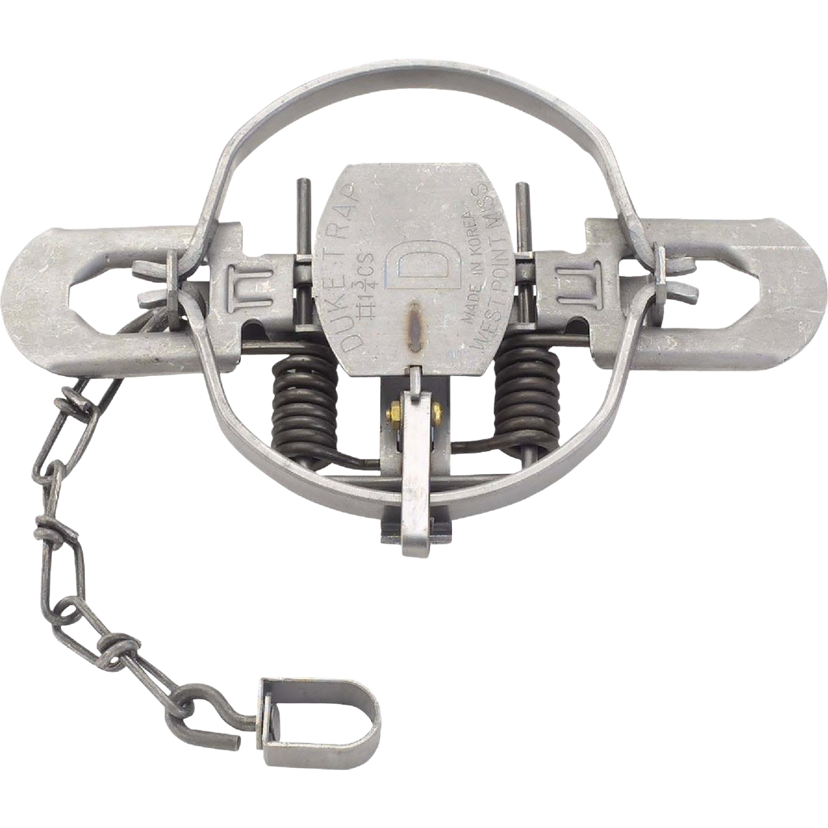 Steel coil spring animal trap with attached chain, suitable for pest control and outdoor lawn and garden use under $50 and $100 collections