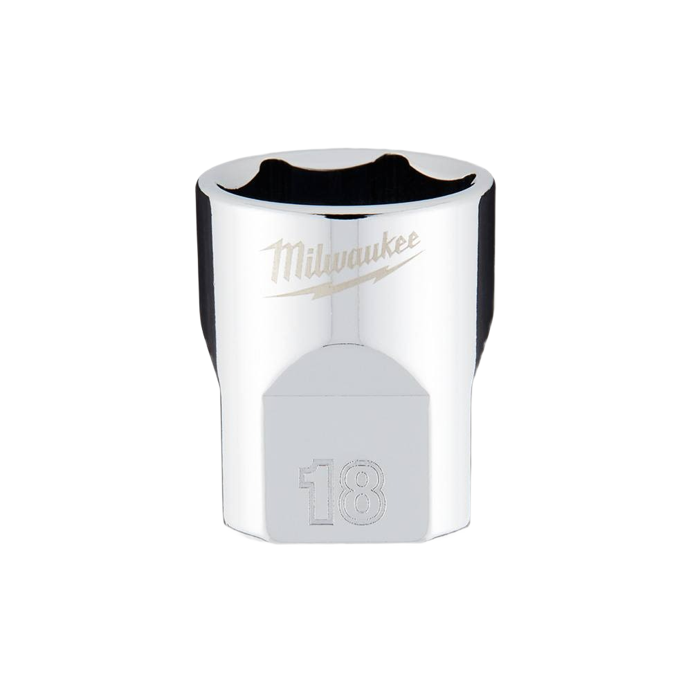 Chrome-finished 18mm 6-point socket with four flat sides, suitable for hand tools in home improvement tasks