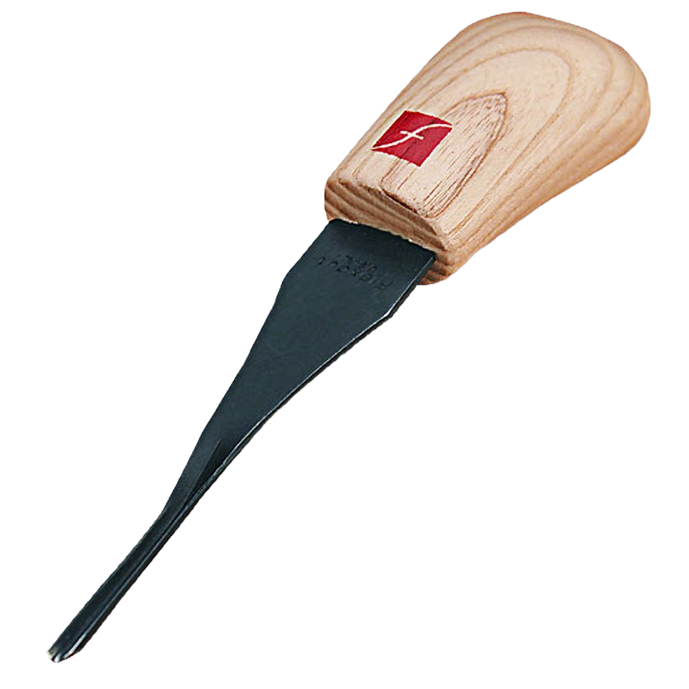 Wood handle carving tool with a sharp, narrow black blade designed for detail work in woodworking tasks
