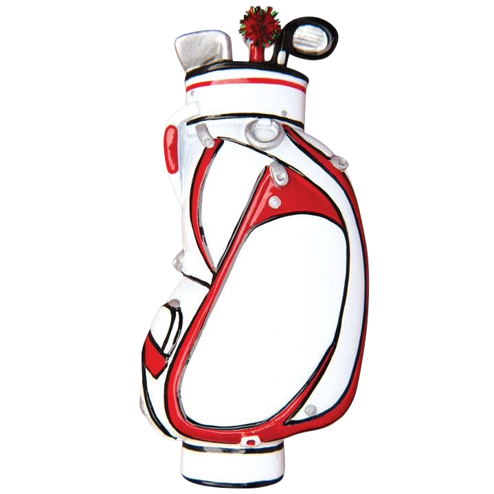Red and white golf bag ornament decorated with festive greenery, holiday tree decoration under $50 from Christmas collection