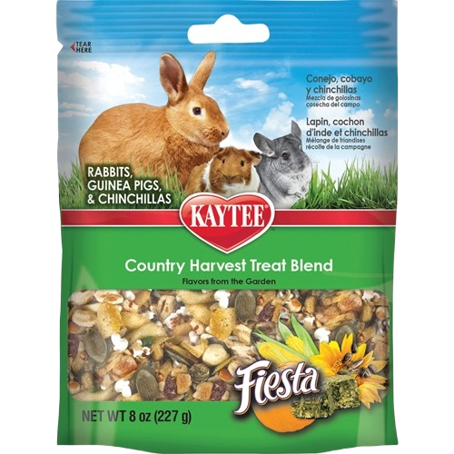 Colorful treat blend for rabbits, guinea pigs, and chinchillas with seeds, grains, and vegetable chunks in green packaging