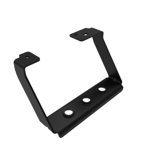 Black metal footrest step bracket with three mounting holes for John Deere parts and accessories collections