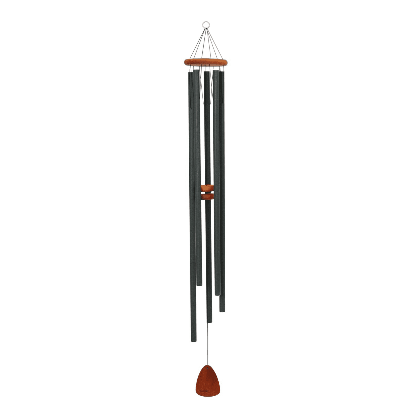 Forest green wind chime with wooden accents and five hollow metal tubes for outdoor home decor and relaxation