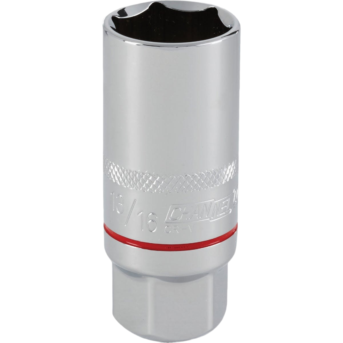 Chrome vanadium steel 6-point spark plug socket with red ring, part of sockets and hand tools for home improvement