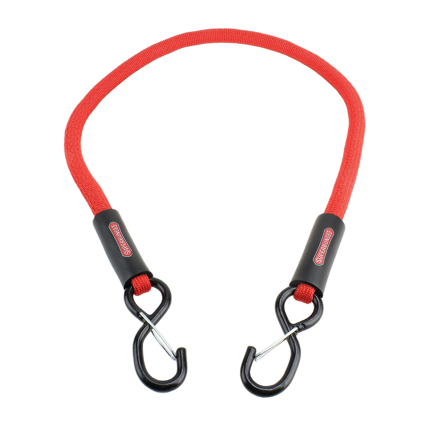 Red elastic cord with reinforced black hooks on both ends for secure fastening in tools and home improvement tasks