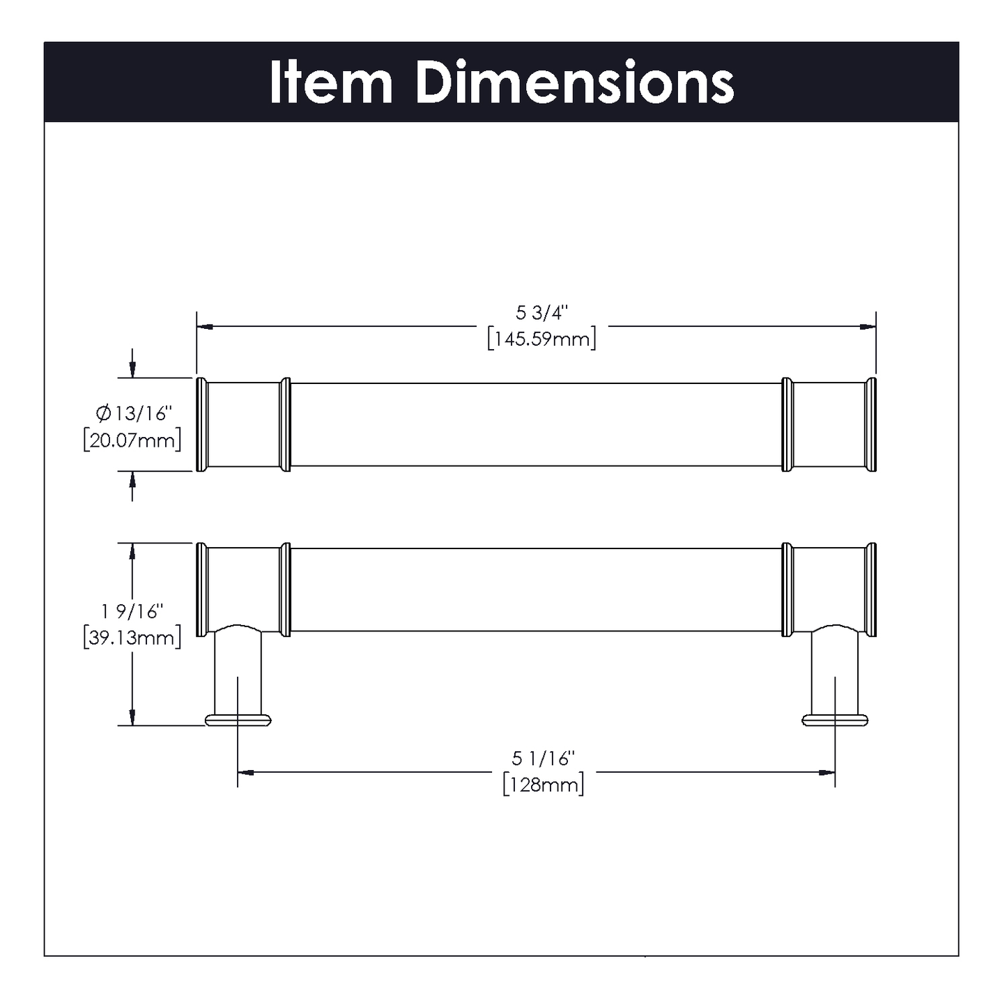Technical diagram showing detailed dimensions of a mid-arc acrylic cabinet pull with brass accents for hardware and home improvement.