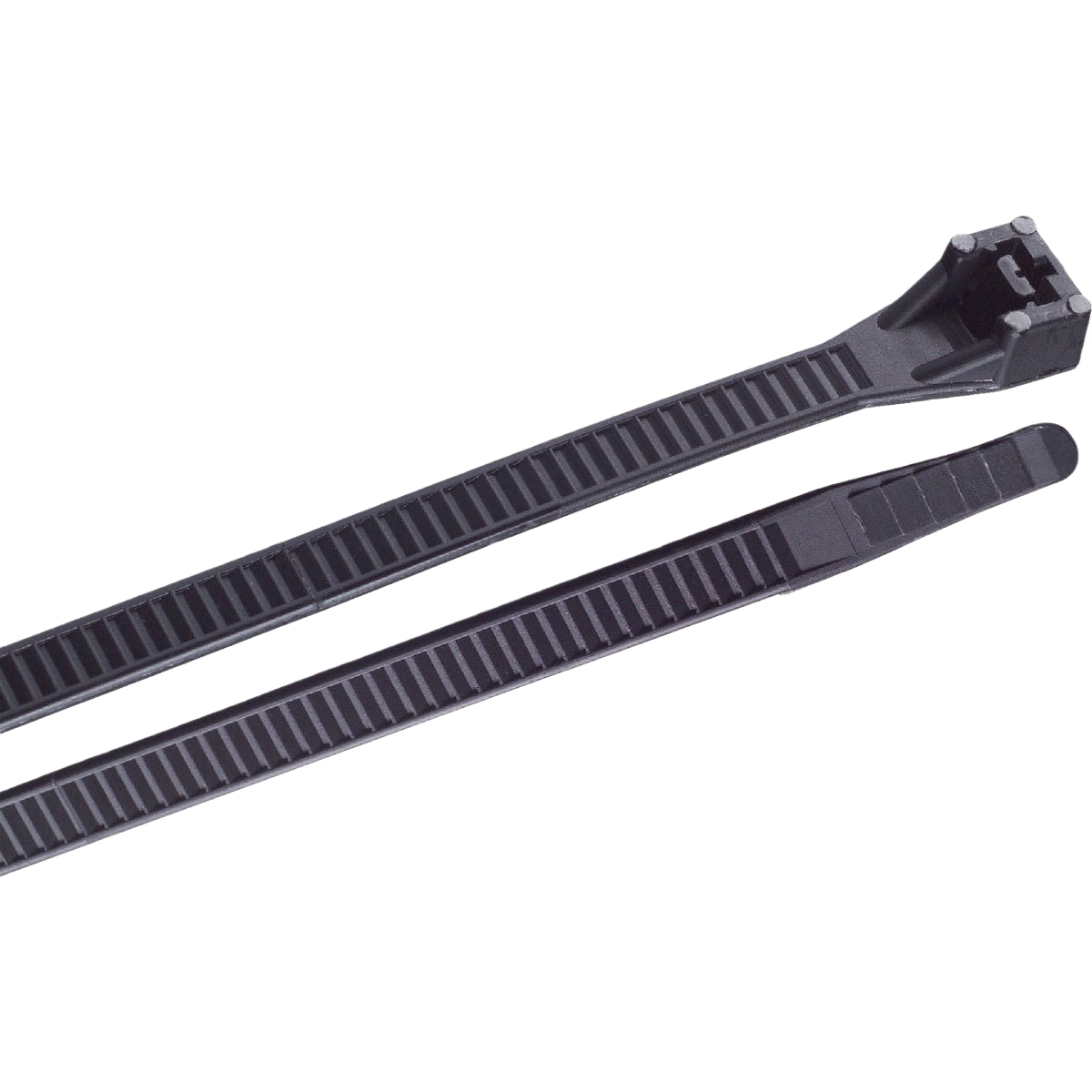Two black ultra violet heavy-duty cable ties with ratchet locking mechanisms for tools and home improvement use