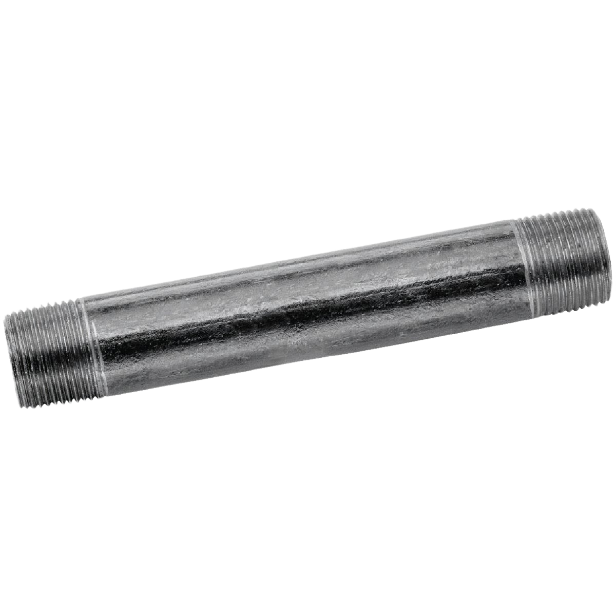 Black iron pipe nipple with threaded ends for plumbing use, featured in Pipes & Fittings and Home Improvement tools collections