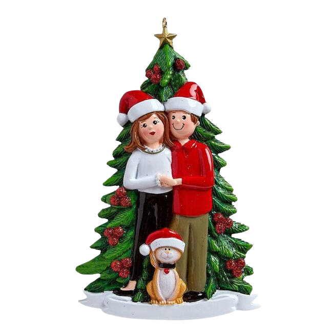 Holiday couple figurine wearing Santa hats with a cat in front of decorated Christmas tree ornament for festive decor