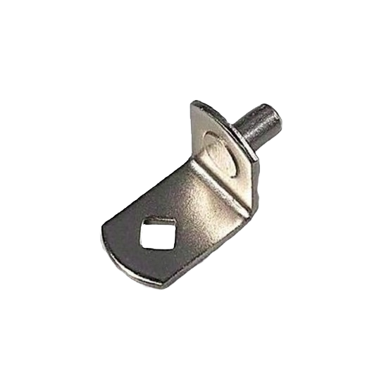 Nickel plated metal shelf support peg with square hole designed for securing shelves in home improvement projects