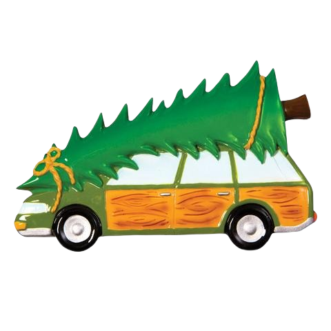 Green station wagon ornament with wooden paneling carrying a tied Christmas tree for festive seasonal decoration under $50 collection