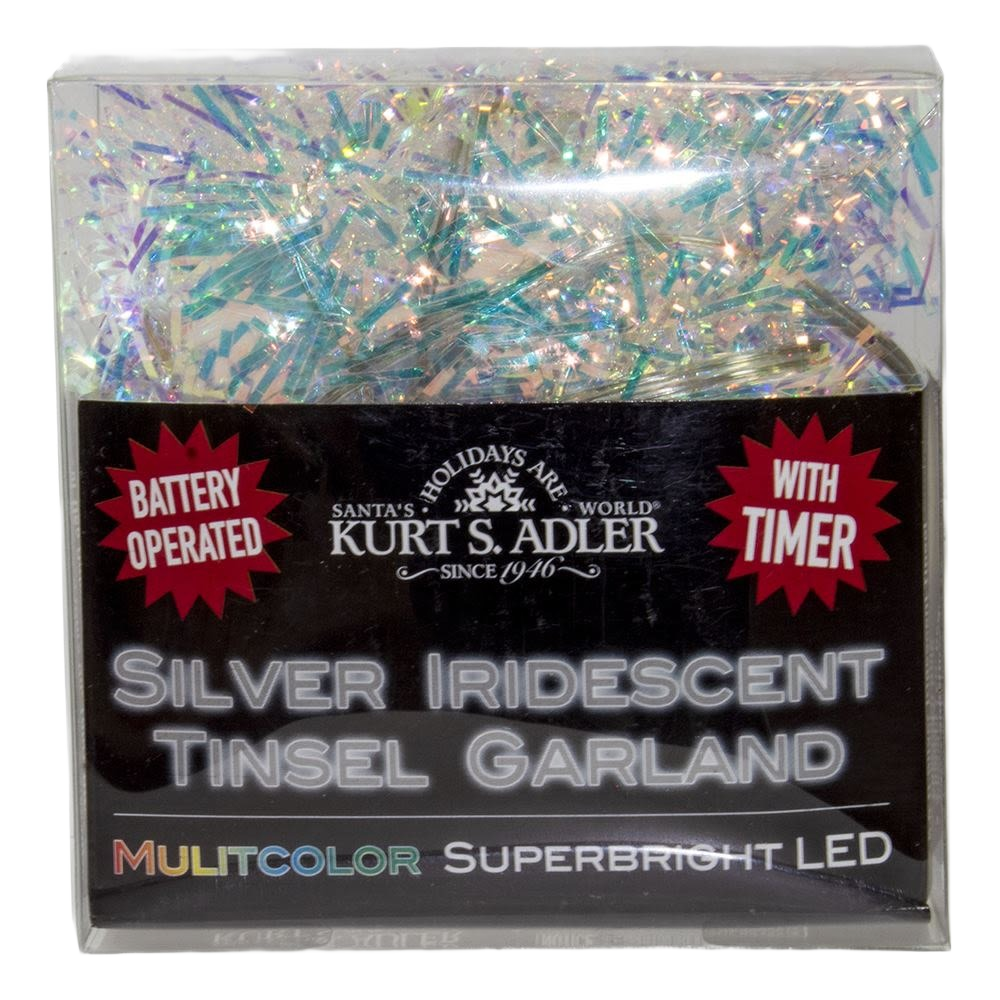 Silver iridescent tinsel garland with multicolored LED lights for decorative holiday and home improvement use
