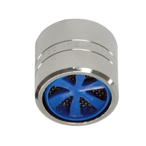 Chrome-finished water-saving faucet aerator with blue internal flow restrictor for plumbing and home improvement use